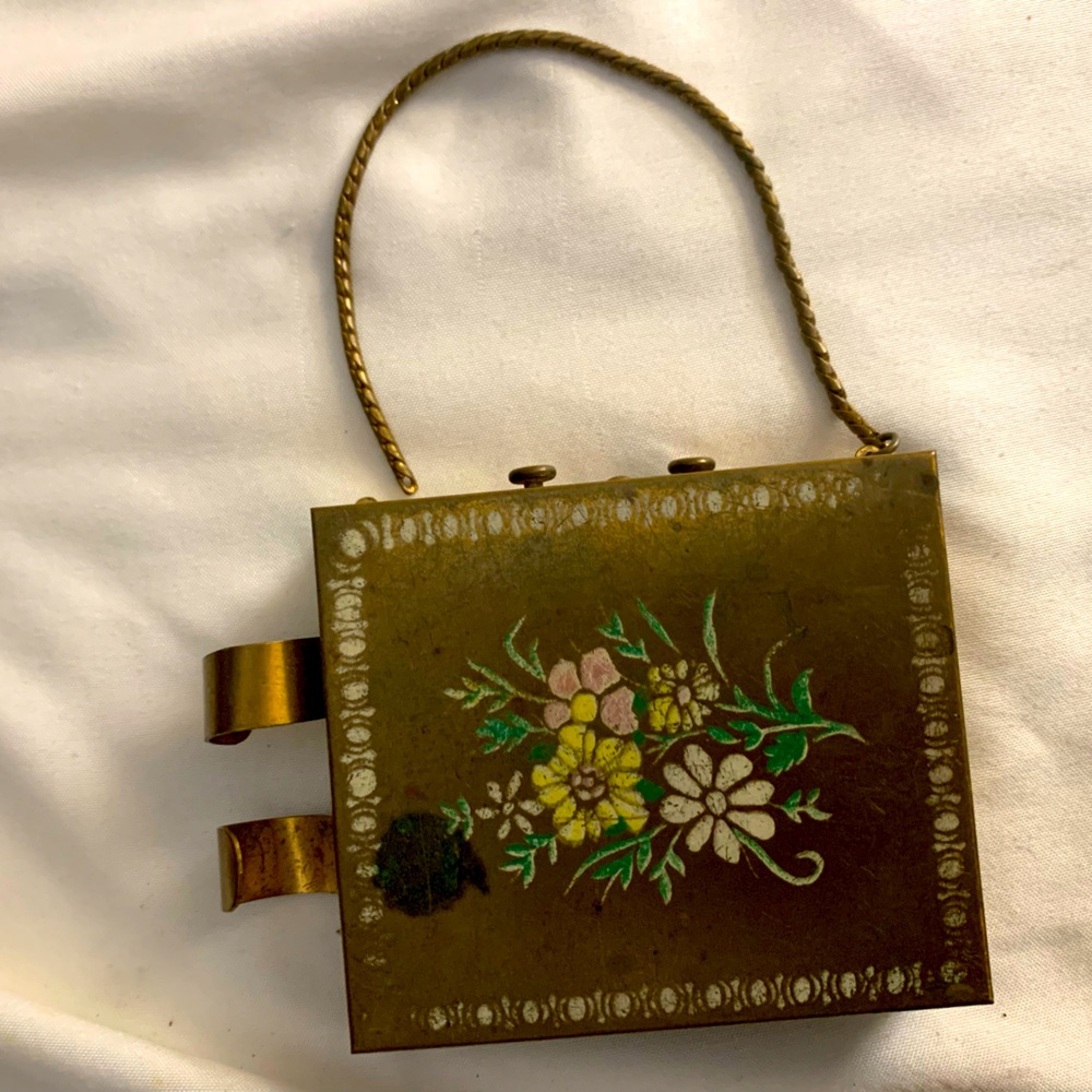 Brass mini compact vintage lipstick holder mirror